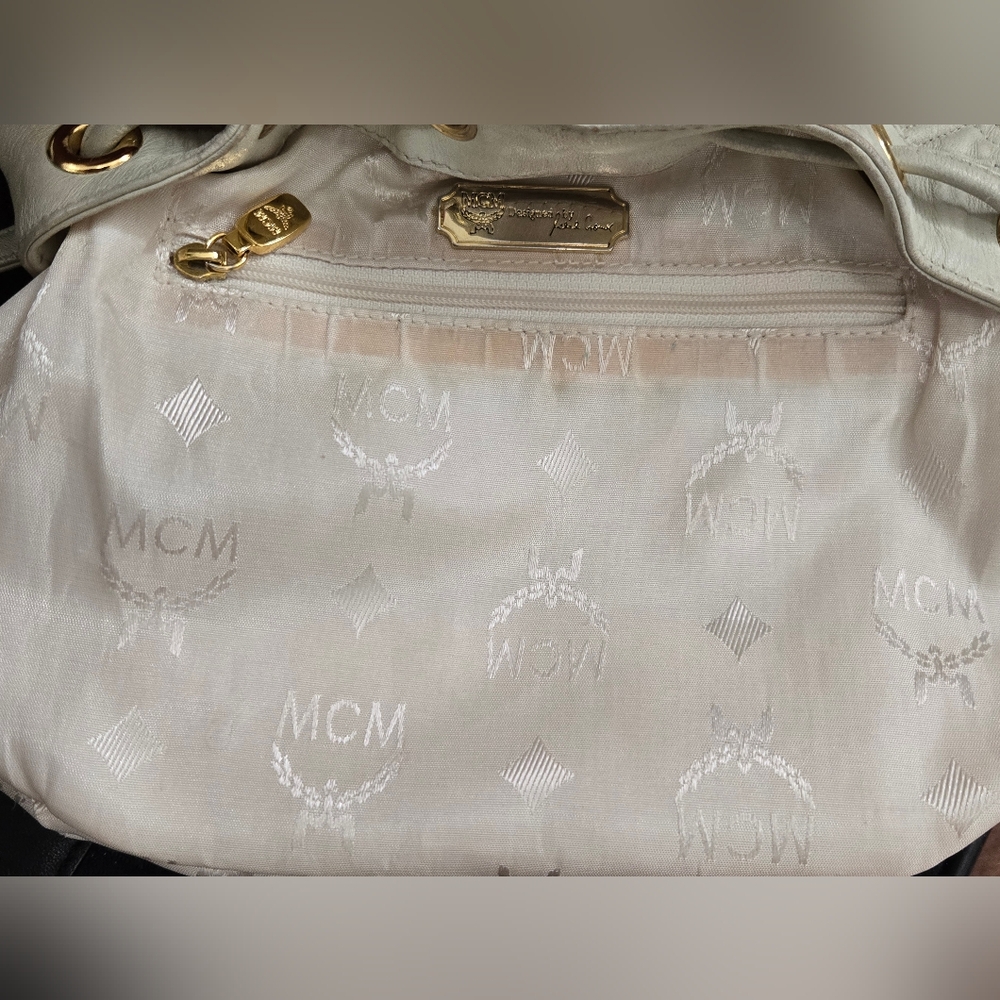 MCM Cream Quilted Crossbody Bucket Bag - Picture 10 of 13